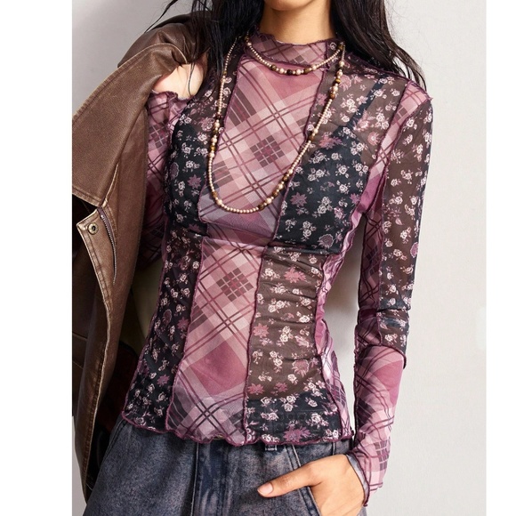 Boho Floral Plaid Print Reverse Stitch Long Sleeve Semi Sheer Top - Picture 2 of 6